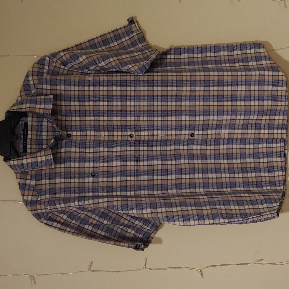 Men's Sean John Cream/Blue Plaid Button Down Shirt, XXL